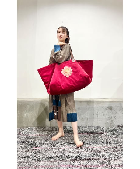 ハンド刺繍バッグ/ビッグサイズ/別珍Red