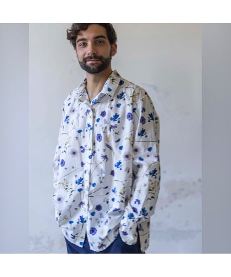Men'sフラワープリントシャツ/HannohWessel/ネイビー