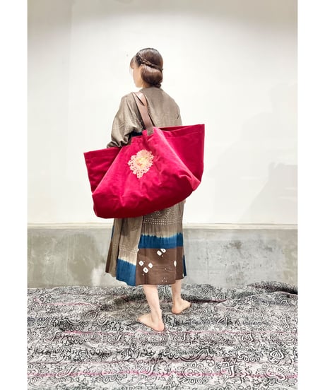 ハンド刺繍バッグ/ビッグサイズ/別珍Red
