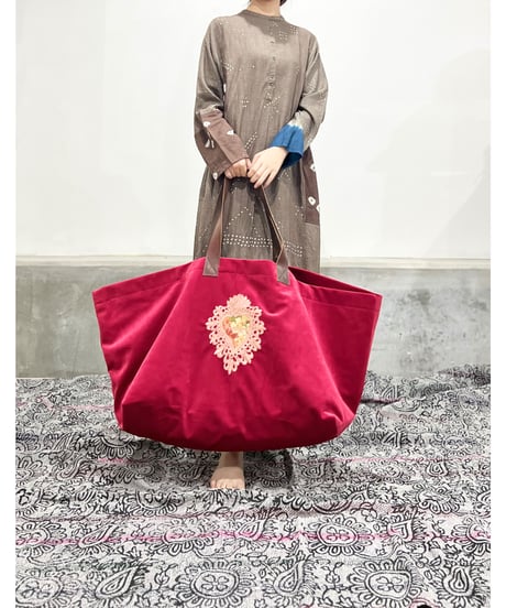 ハンド刺繍バッグ/ビッグサイズ/別珍Red