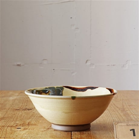 骨董 三足水盤 龍門司焼 二彩秞 明治～大正期 24×11