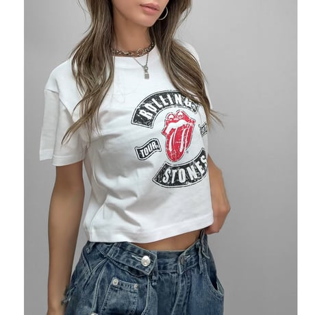 クロップドTEE "ROLLING STONES" 【CHARCOAL/WHITE】