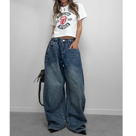 クロップドTEE "ROLLING STONES" 【CHARCOAL/WHITE】