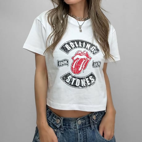 クロップドTEE "ROLLING STONES" 【CHARCOAL/WHITE】