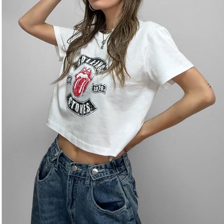 クロップドTEE "ROLLING STONES" 【CHARCOAL/WHITE】