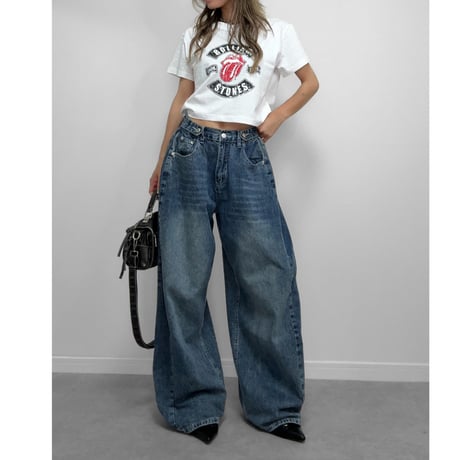 クロップドTEE "ROLLING STONES" 【CHARCOAL/WHITE】