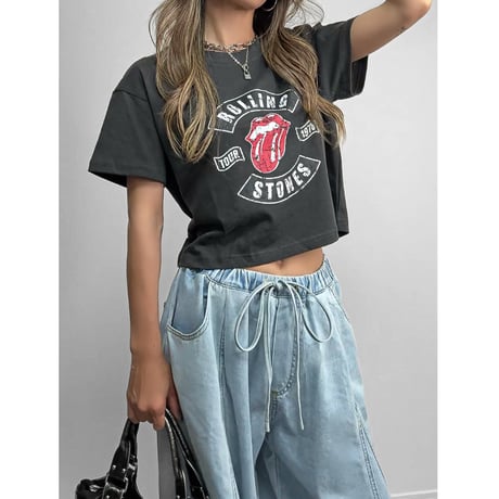 クロップドTEE "ROLLING STONES" 【CHARCOAL/WHITE】