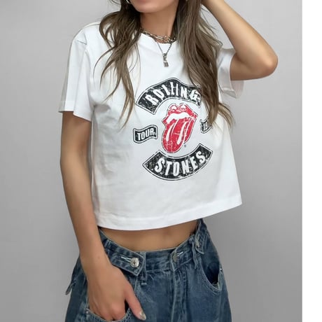 クロップドTEE "ROLLING STONES" 【CHARCOAL/WHITE】