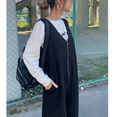 フロントZIPスウェットサロペット【BLACK】