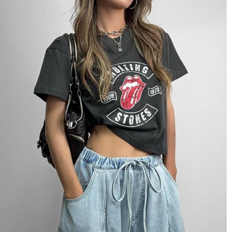 クロップドTEE "ROLLING STONES" 【CHARCOAL/WHITE】