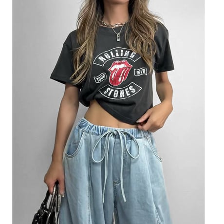 クロップドTEE "ROLLING STONES" 【CHARCOAL/WHITE】