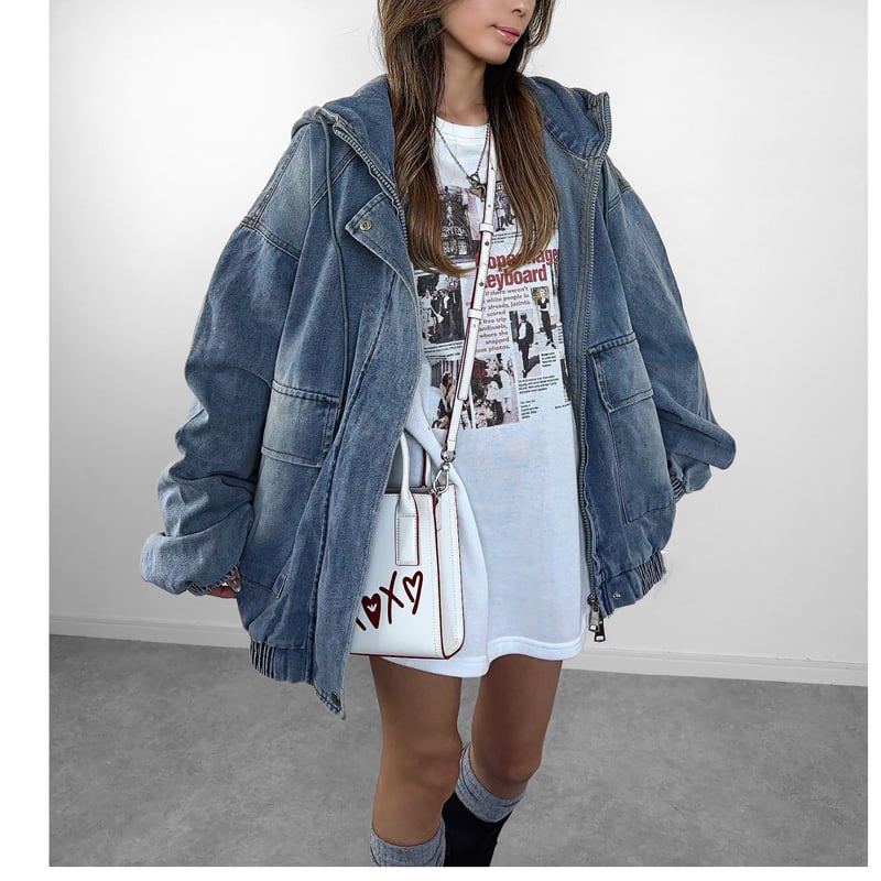 デニムフーディージャケット SITRY デニムジャケット gジャン Denim Hoodie/デニムパーカー