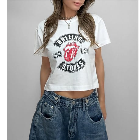 クロップドTEE "ROLLING STONES" 【CHARCOAL/WHITE】