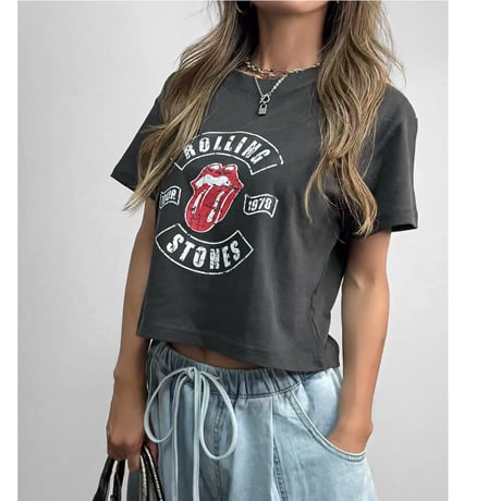 クロップドTEE "ROLLING STONES" 【CHARCOAL/WHITE】