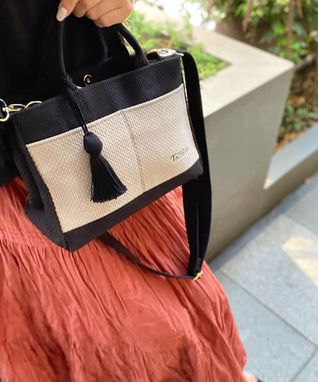 TASSELトートバッグ両面Sサイズ BLACK×GREIGE ※ショルダーストラップ&タッセルチャーム付き