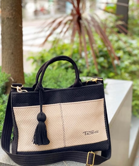 TASSELトートバッグ両面Sサイズ BLACK×GREIGE ※ショルダーストラップ&タッセルチャーム付き