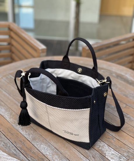 TASSELトートバッグ両面Sサイズ BLACK×GREIGE ※ショルダーストラップ&タッセルチャーム付き