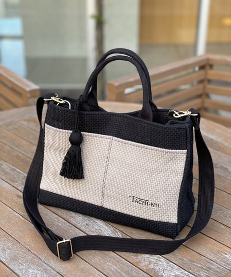 TASSELトートバッグ両面Sサイズ BLACK×GREIGE ※ショルダーストラップ&タッセルチャーム付き