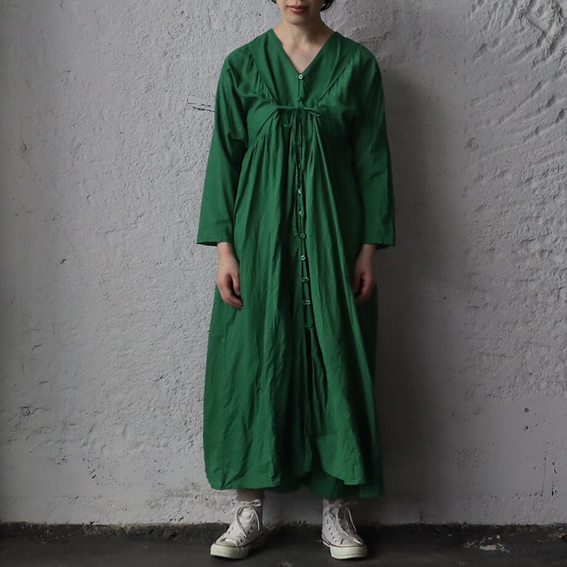 saruche v-button cotton dress (green) | nii-B |