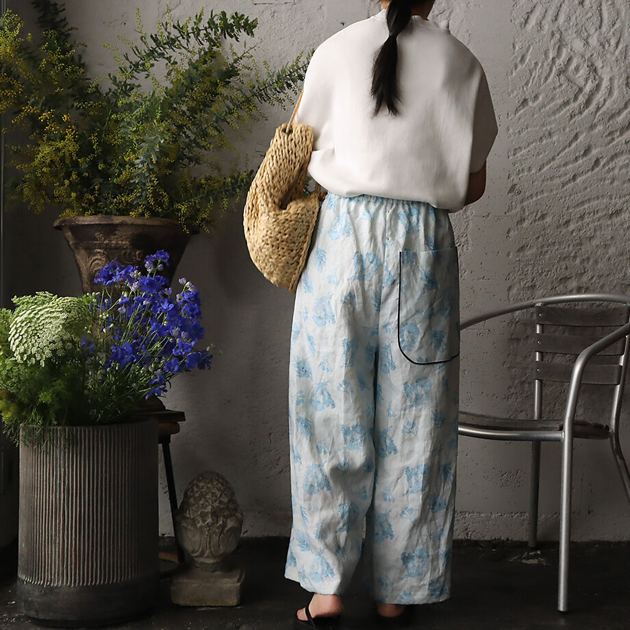 towavase リネンパンツ　花柄ブラック TOWAVASE トワヴァーズ シルク 花柄 シャルロット パンツ