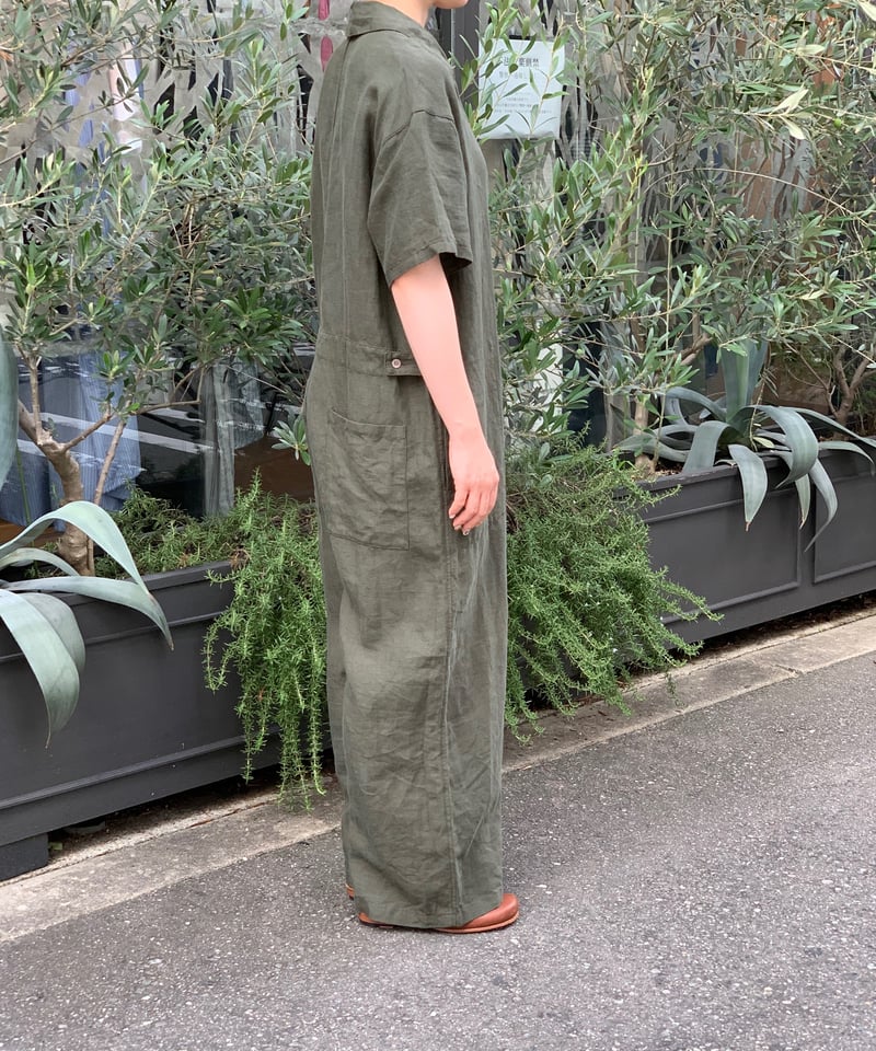 n730 美品✨ユニ リネンコットン半袖サロペット F オールインワン 綺麗め n730 美品✨ユニ リネンコットン半袖サロペット F