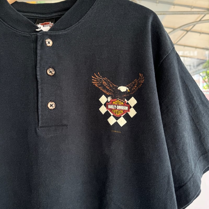 90's USA製HARLEY DAVIDSON ヘンリーネックプリントTシャツ 90's USA製HARLEY DAVIDSON ヘンリーネックプリントTシャツ
