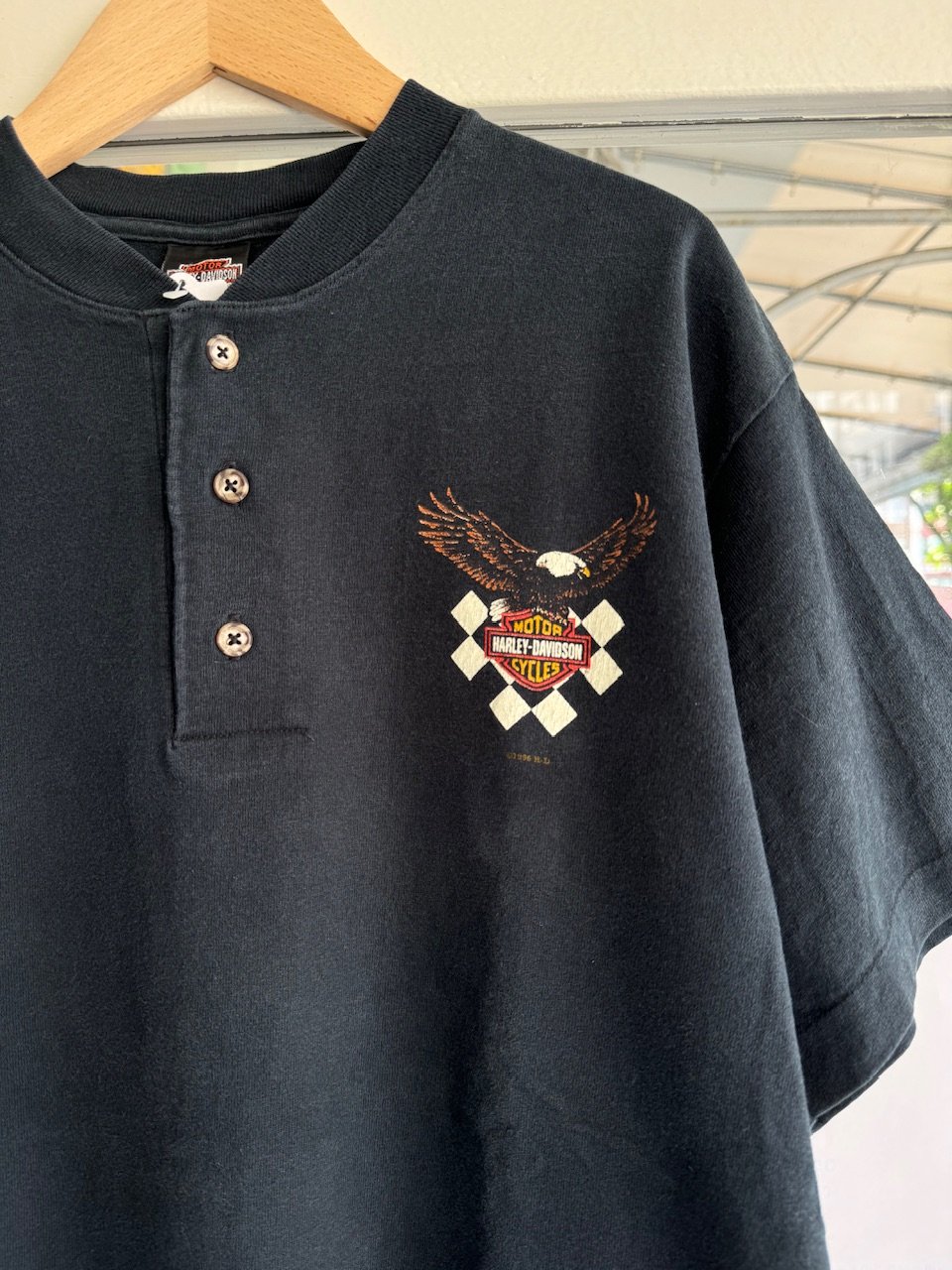 USA製 ハーレー Tシャツ L ヘンリーネック 90s アメリカ製 90's USA製HARLEY DAVIDSON ヘンリーネックプリントTシャツ