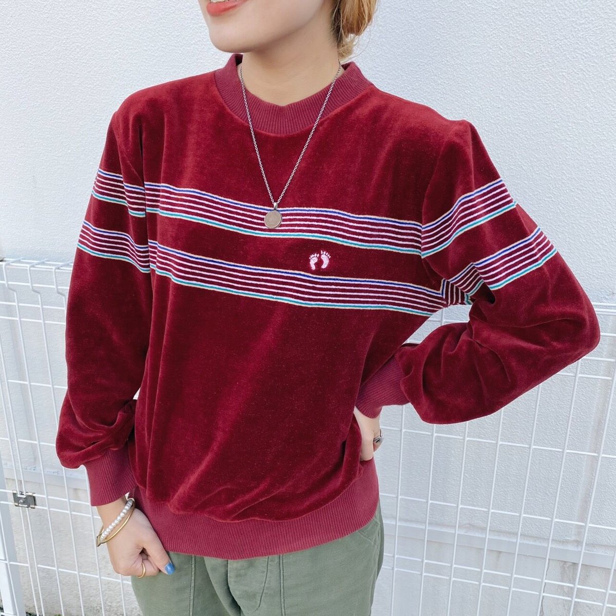 90s HANG TEN ベロアボーダースウェットシャツ 黒 デッドストック