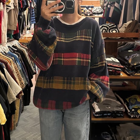 90s NAUTICA 3色チェックニット