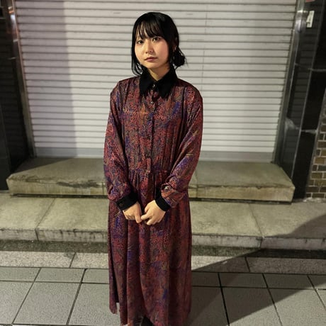 ペイズリー柄　長袖ロングワンピース