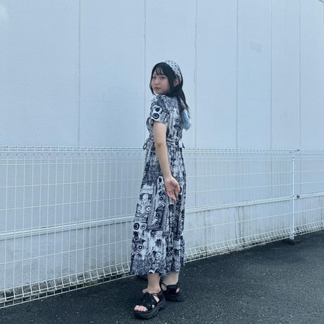 総柄 半袖 ロングワンピース