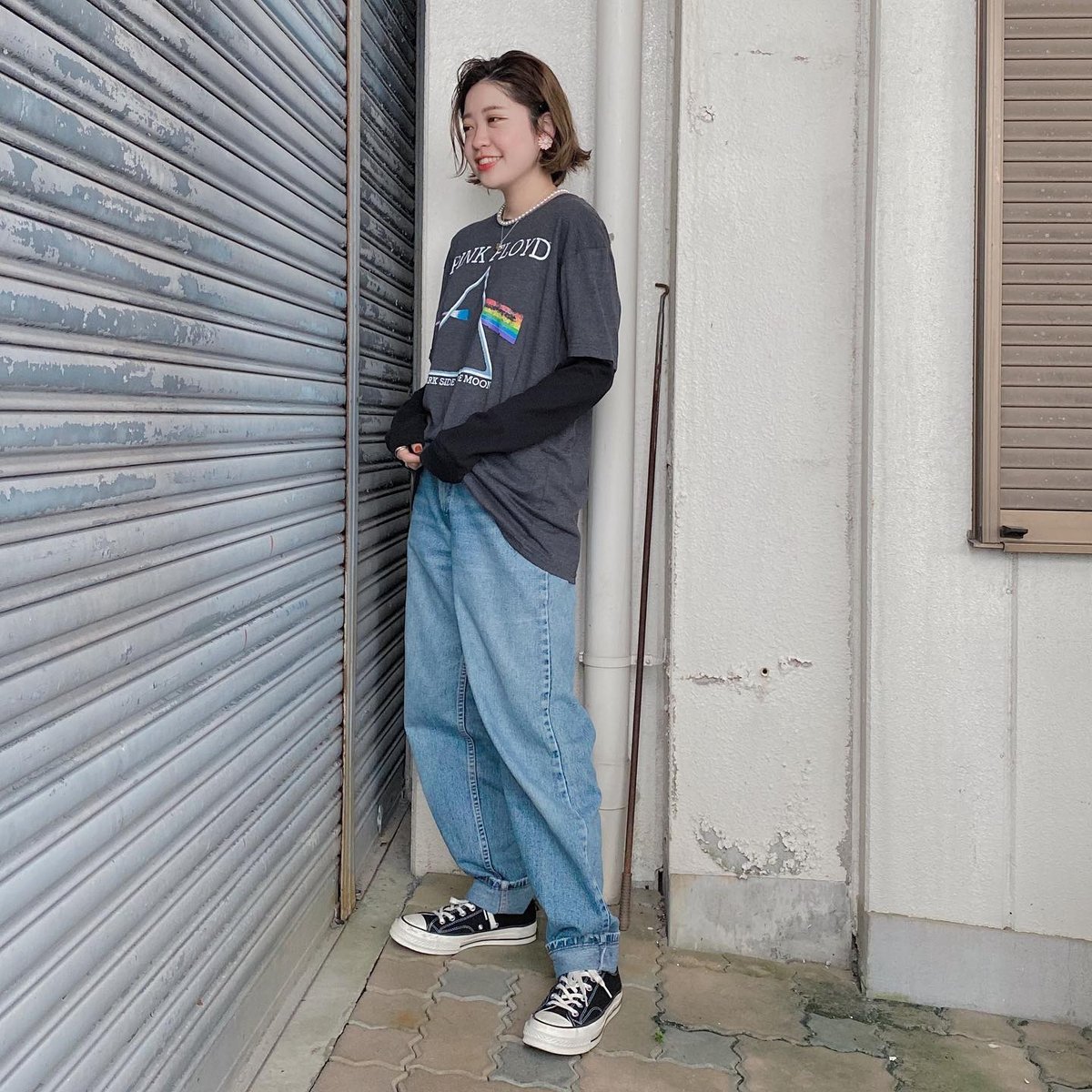 ピンク・フロイド　長袖 ピンク・フロイド©ウォッシュ加工スウェットシャツ - ブラック