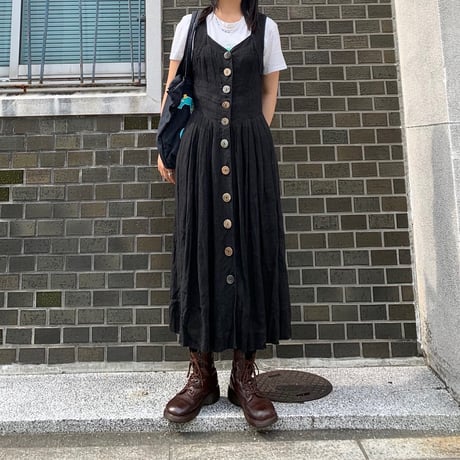 ウッドボタン前あきリネンワンピ