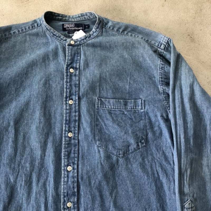 美品 ローレンラルフローレン ノーカラーデニム刺繍ブラウス バンドカラー XS 美品 ローレンラルフローレン ノーカラーデニム刺繍ブラウス