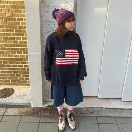 USA製 アメリカ国旗タートルネックコットンニット