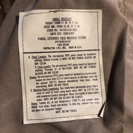 Military PARKA,EXTENDED COLD WEATHER SYSTEM