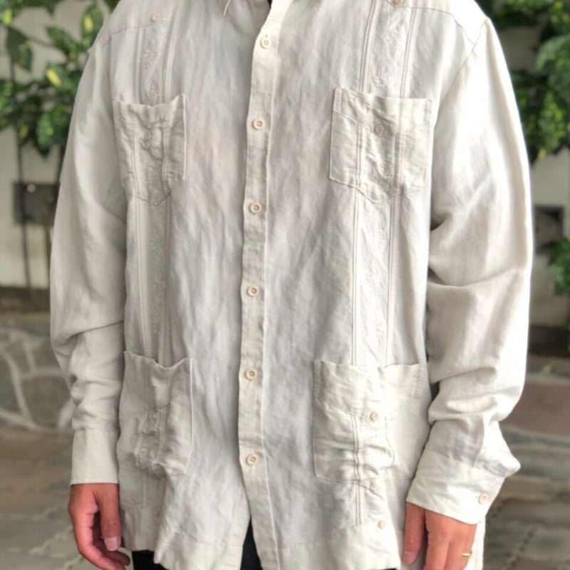 美品 CUBAVERA 長袖キューバシャツ ホワイト リネンコットン 希少美品メキシコ製長袖キューバシャツ開襟白ホワイト4ポケット