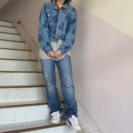 猫柄ショート丈デニムジャケット