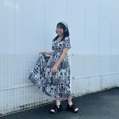 総柄 半袖 ロングワンピース
