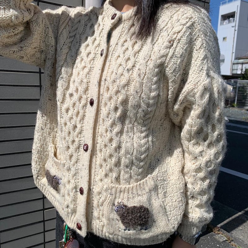 80s 90s 古着　フィッシャーマン カーディガン　スクールニット ユーロ レディース 古着 90s Scotland製 Hand Knitted Aran