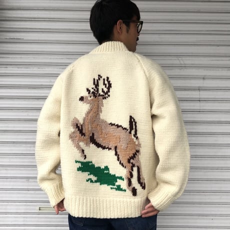 Vintage カウチンカーディガン 鹿 スタンドカラー