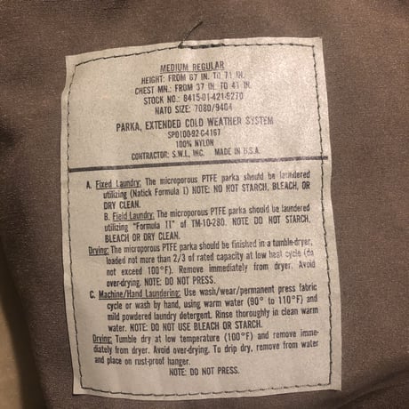Military PARKA,EXTENDED COLD WEATHER SYSTEM