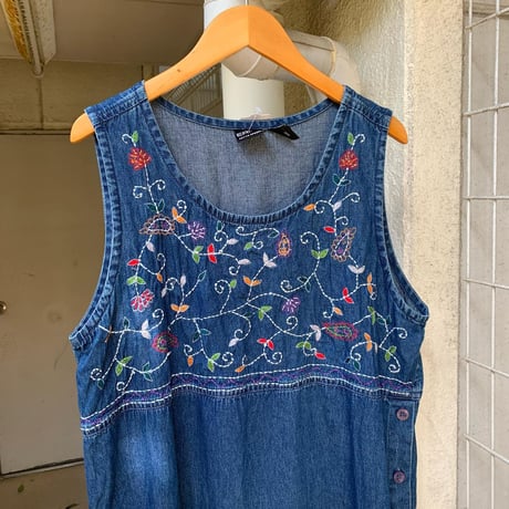 花刺繍デニムノースリーブワンピ