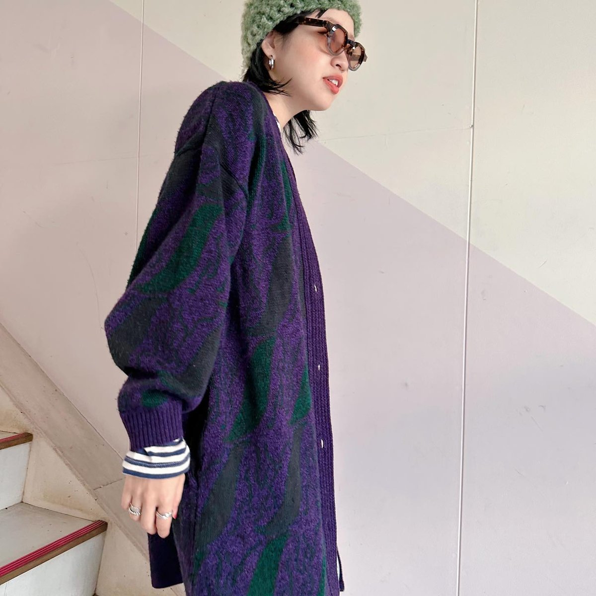 古着 キッドモヘア ロングカーディガン 紫 パープル メキシコ産 ハンドメイド キッドモヘア ロングカーディガン 紫 パープル メキシコ産