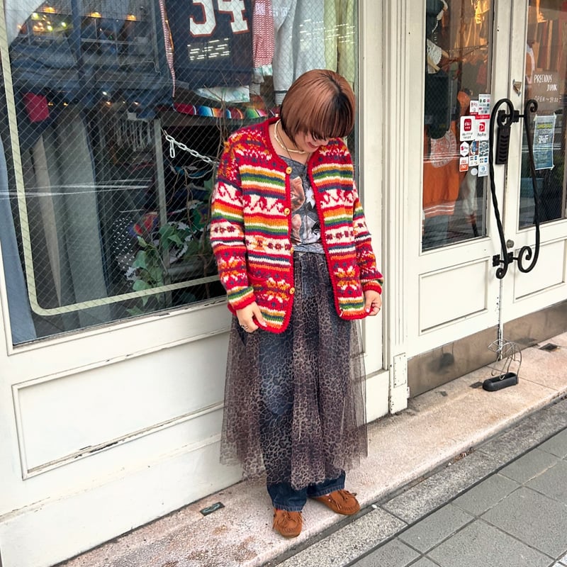 SEVESKIG トラ柄レッドカーディガン M EXPRESS TRICOT 総柄ニットカーディガン | CUSTOM FEVER