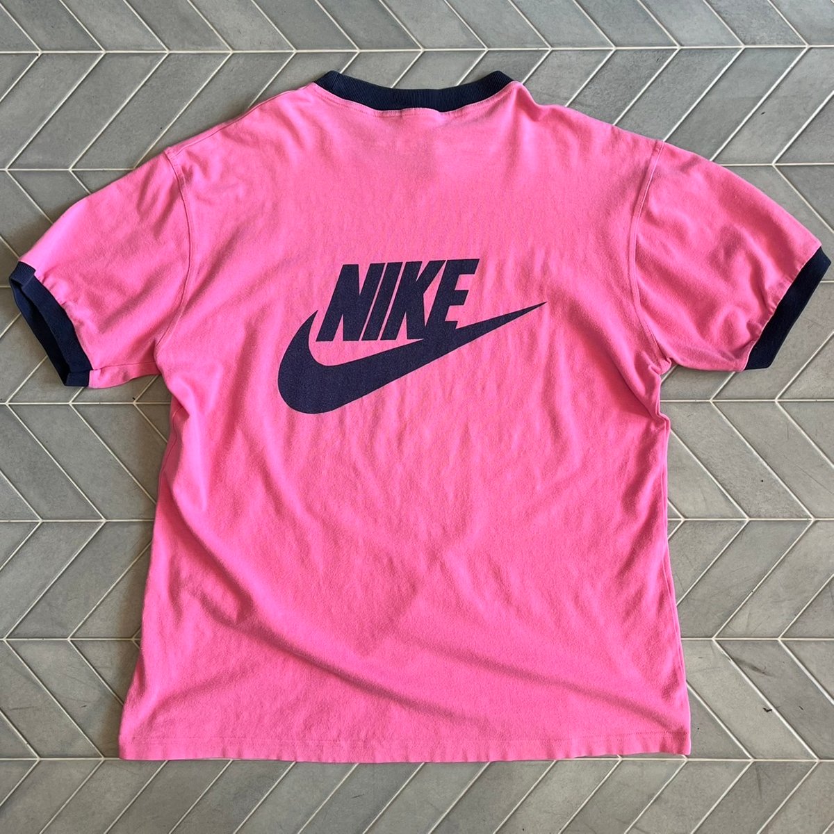 ✅90s NIKE TEAM リンガー ハーフボタン シャツ 90s USA製 NIKEナイキ ロゴ刺繍 リンガーTシャツ ボロ 杢グレー