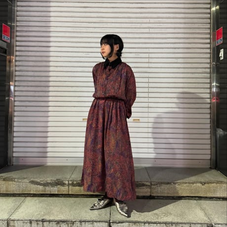 ペイズリー柄　長袖ロングワンピース
