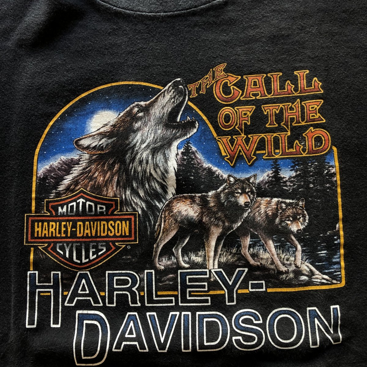 90sレーシングコラボ HARLEY DAVIDSON Tシャツ 3D emblem］90's Harley-Davidson”ハーレーダビッドソン”wolf T