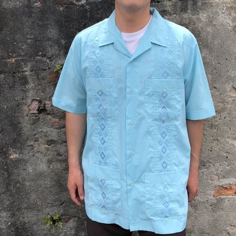 半袖キューバシャツ  水色 XL