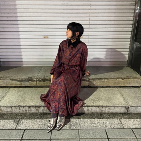 ペイズリー柄　長袖ロングワンピース